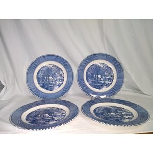 Currier & Ives "The Old Grist Mill" blue dinnerplates (set of 4)